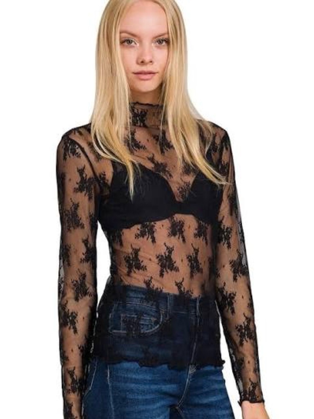 Sheer Black Lace Mock Neck Long-Sleeve Top
